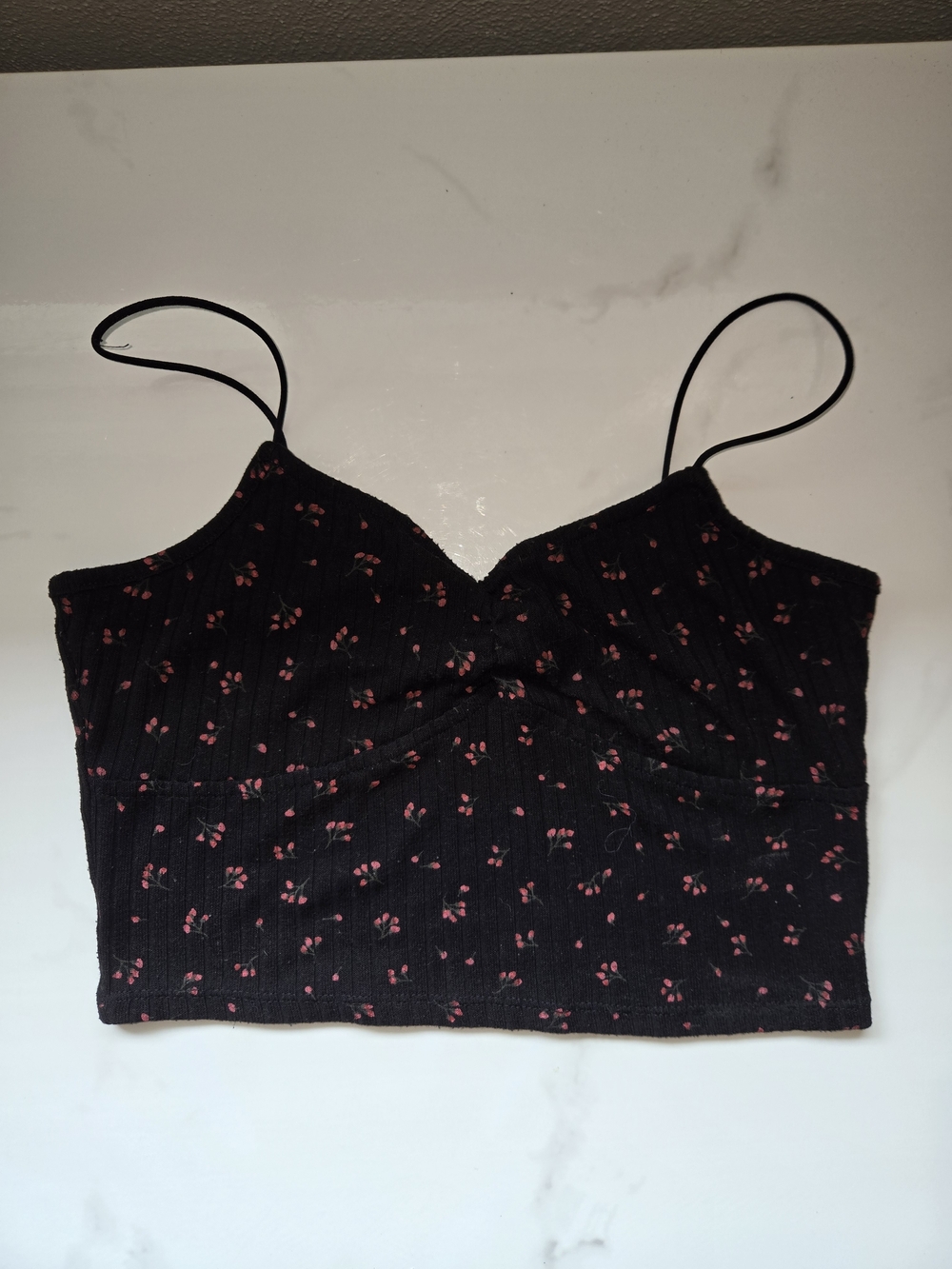 Black Floral Ribbed Crop Cami with Pink Print